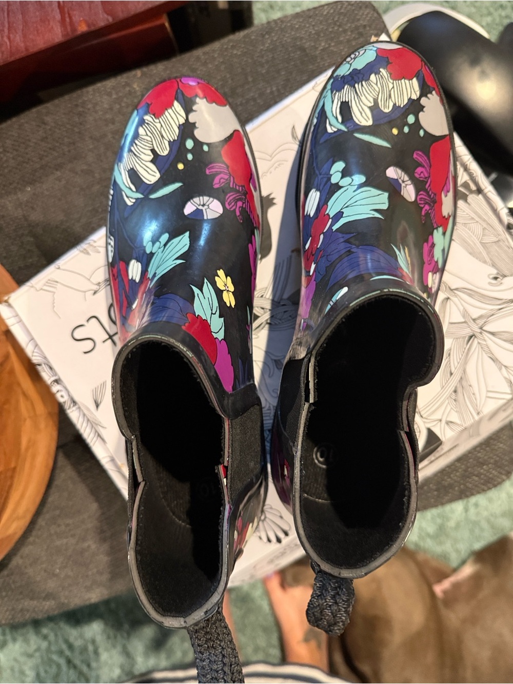 Women’s Floral Waterproof Ankle Rain Boots - Black with Multicolor Print